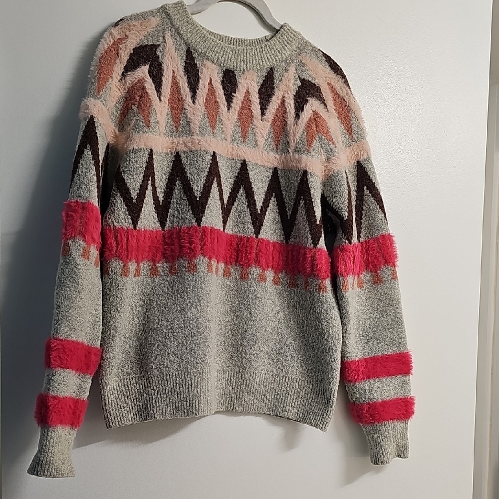 THML Mixed Media Patterned Sweater - Pink and Gray